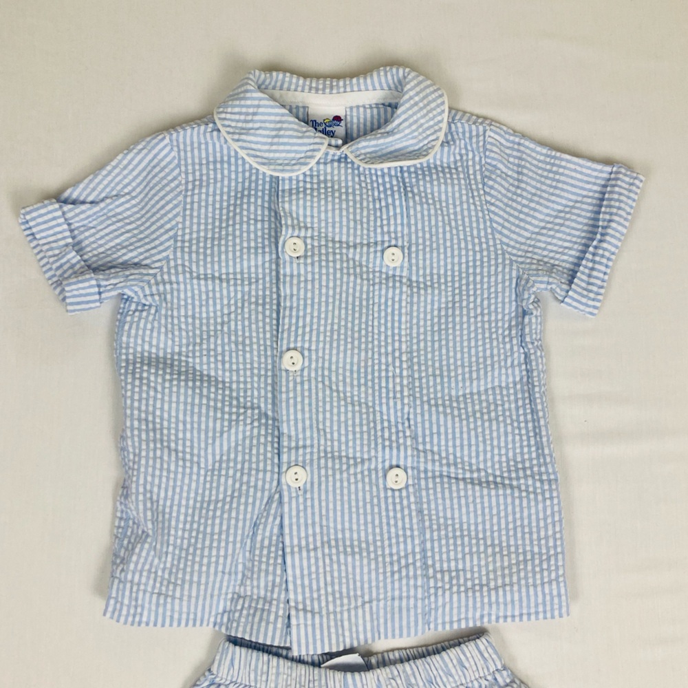 The Bailey Boys blue and white stripe seersucker two piece shorts set. 3T - Picture 2 of 5